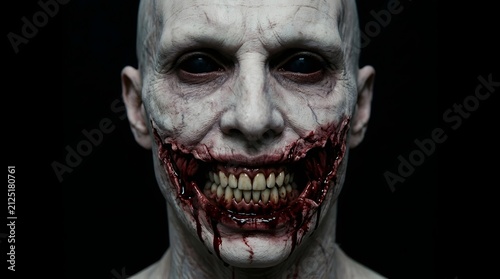 Closeup portrait of a terrifying monster with black eyes and bloody torn mouth
