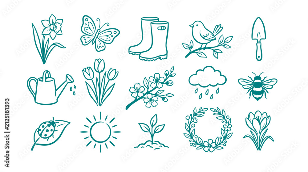 Fototapeta premium Spring Gardening Icon Set, Hand Drawn Flower and Nature Elements Line Art Collection on White Background, perfect for garden branding, nature themed designs, and seasonal projects.