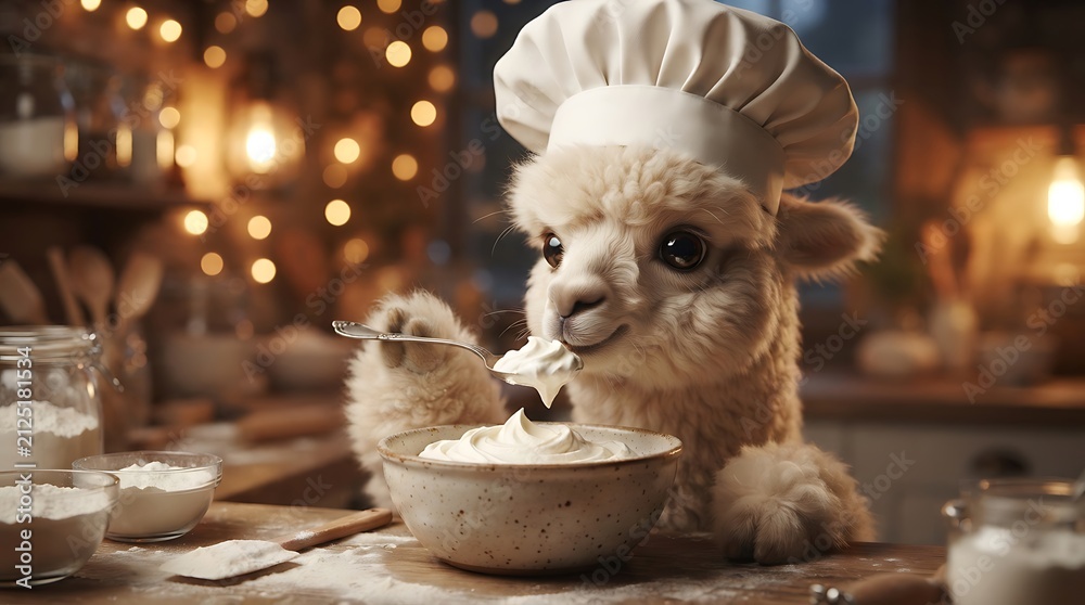 Obraz premium A cute fluffy alpaca wearing a chef hat tasting cream in a cozy kitchen.