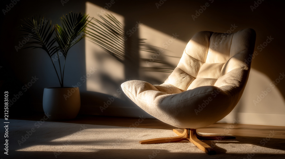 Fototapeta premium Modern living room featuring a comfortable armchair with sunlight casting palm leaf shadows
