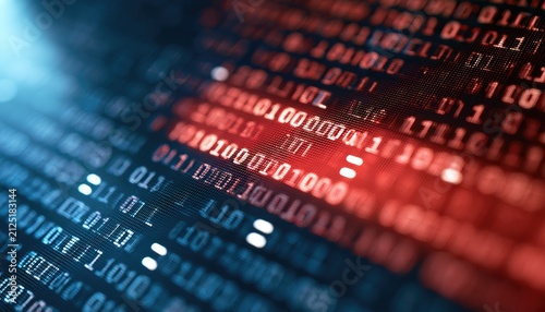 Abstract digital code in blue and red hues, close-up view