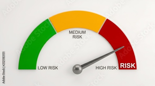 Risk level gauge indicator with needle pointing to high risk red zone, symbolizing extreme financial danger, crisis management, and critical analysis