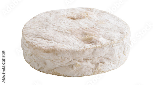 Round soft cheese with white bloomy rind, isolated on transparent background