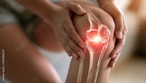 Close-up on painful knee joint with inflamed cartilage highlighted in red