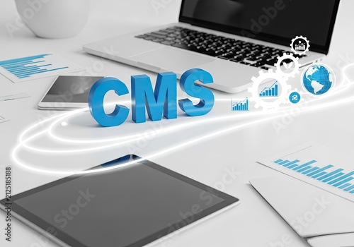 Content Management System CMS Technology Concept with Digital Devices and Charts.