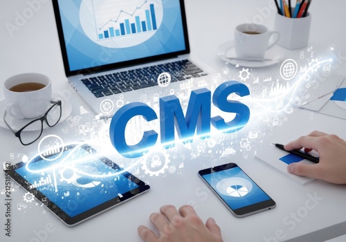 Content Management System CMS Technology Concept with Digital Devices and Data Analytics.