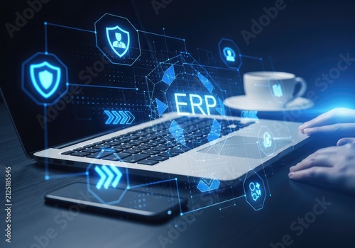 Digital Transformation of Business with ERP System and Security Icons.