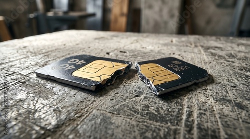 Broken SIM card on a rough surface. Damaged mobile chip representing connectivity failure.