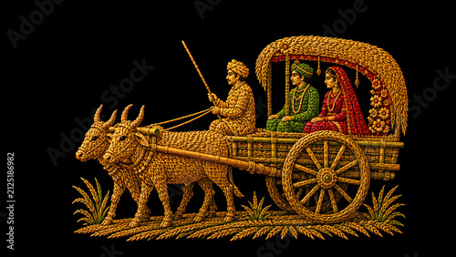 Traditional Bangladeshi wedding bullock cart made entirely from colorful rice grains on a black background.

