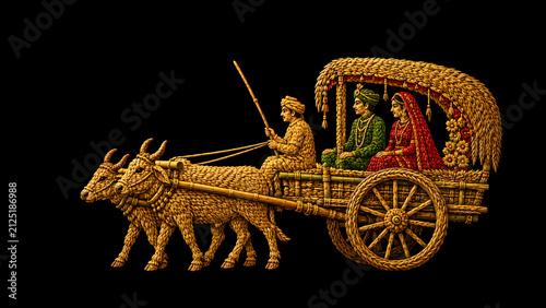 Traditional Bangladeshi wedding bullock cart made entirely from colorful rice grains on a black background.

