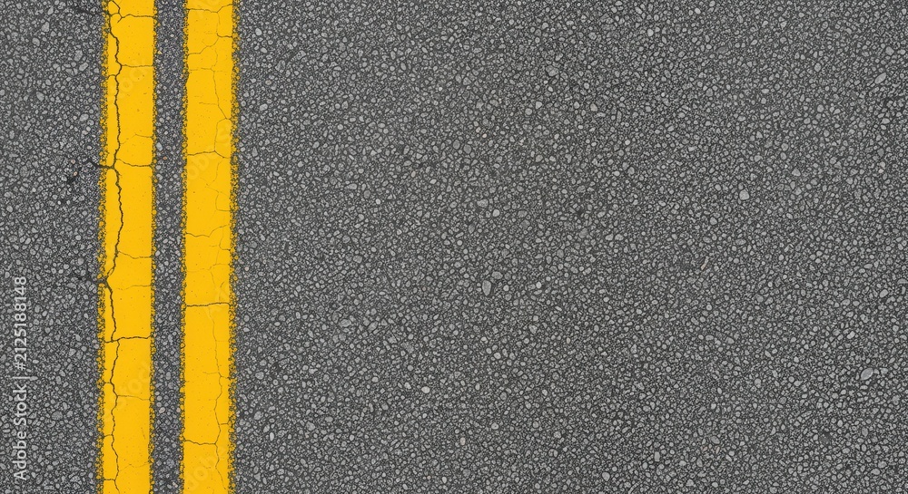 Fototapeta premium Top View of Textured Asphalt Road Surface with Double Yellow Lines for Transportation and Infrastructure Background