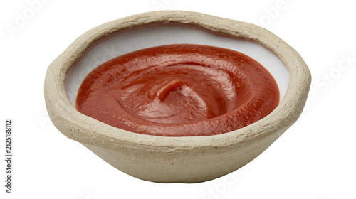 Принти на полотні Thick red tomato ketchup swirl in a rustic ceramic dipping bowl, isolated on tra