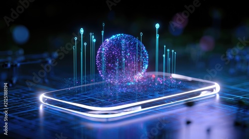 Digital sphere of light particles erupting from a futuristic smartphone