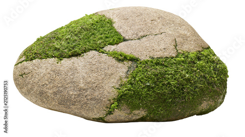 Rough textured grey boulder with patches of vibrant green moss, isolated on transparent background
