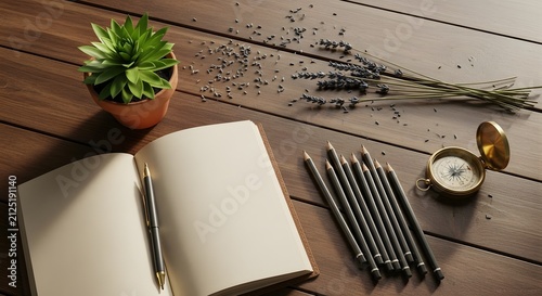 Open diary notebook with fountain pen and graphite pencils arranged on rustic timber surface near succulent plant and vintage metal compass for planning creative writing travel journal project