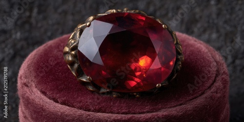 Vivid Red Faceted Gemstone Brooch in Antique Gold Setting on Velvet Display