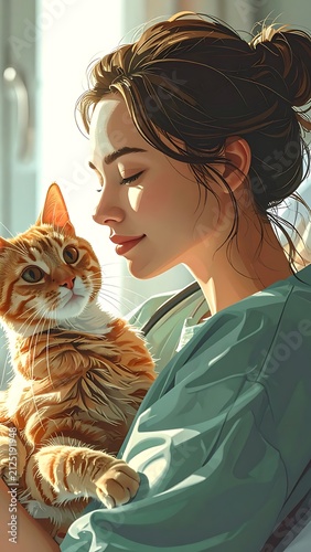 Woman holding a tabby cat affectionately.