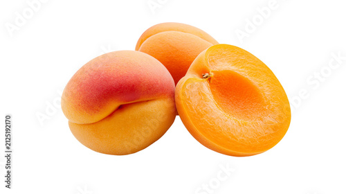 Whole and halved ripe apricots with vibrant orange flesh, isolated on transparent background