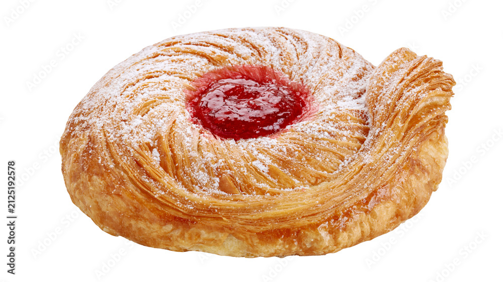 Obraz na płótnie Golden flaky pastry swirl with red jam filling and powdered sugar, isolated on t