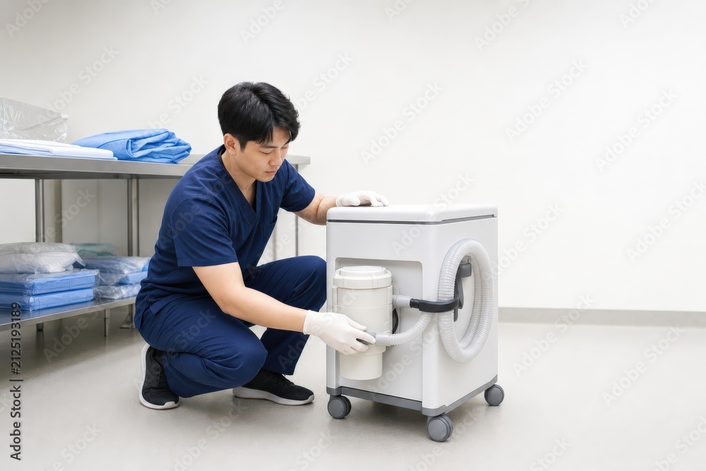 Obraz premium Surgical Smoke Safety Technologist Checking Evacuator Connections