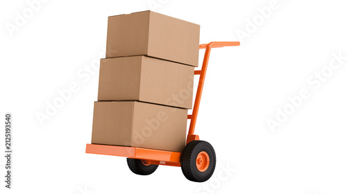 Orange hand truck carrying stacked cardboard boxes, isolated on transparent background
