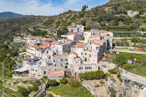 Aerial view of clustered stone houses in Verezzi, one of the most beautiful villages of Liguria region, Italy
