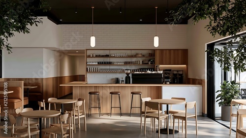 Elegant Modern Coffee Shop Interior with Wooden Furniture and Minimalist Design