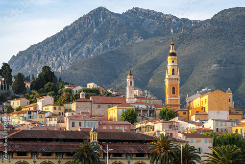 Scenic view of Menton old town and Saint-Michel basilica at sunset, France