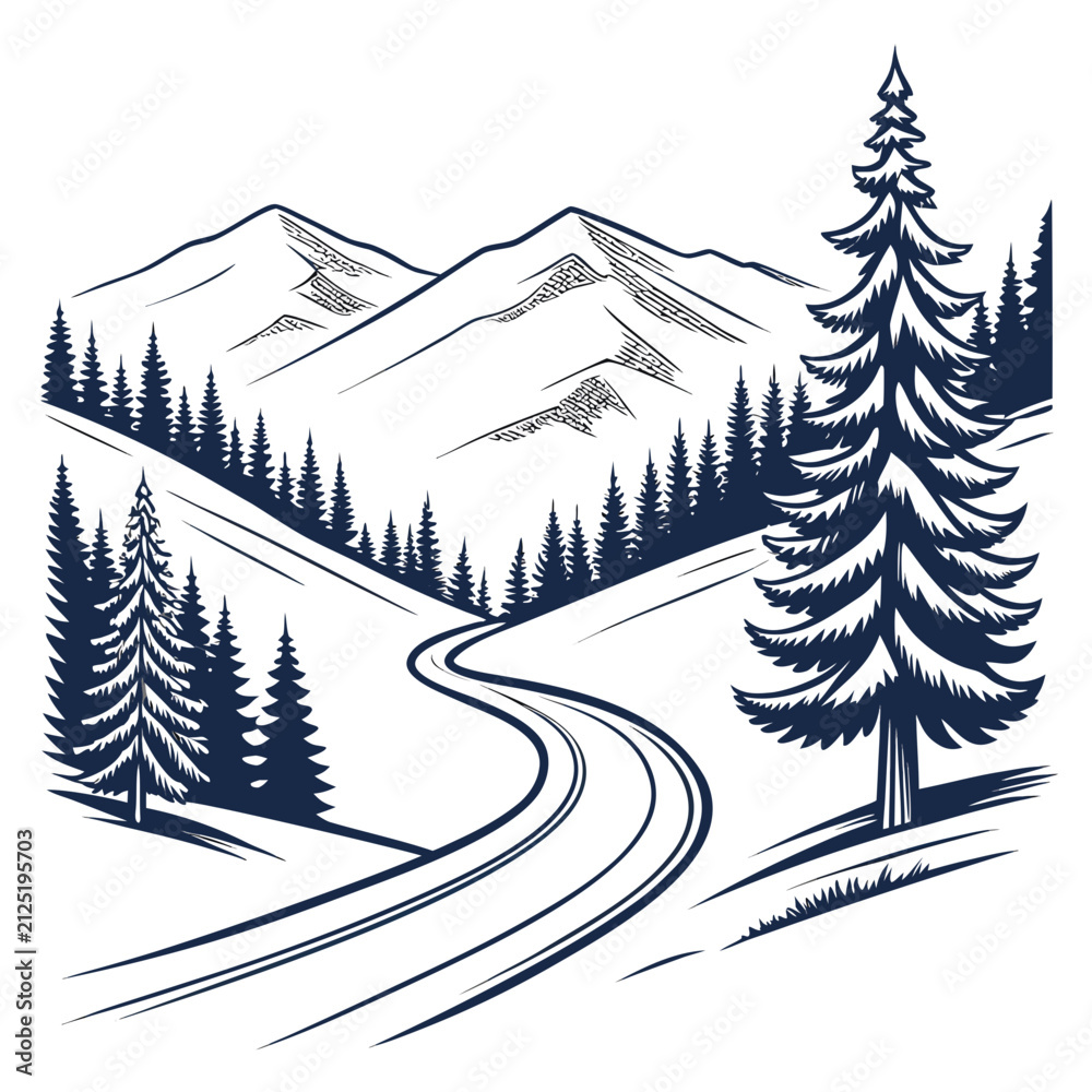 Fototapeta premium Winter forest landscape with winding mountain road mountain landscape