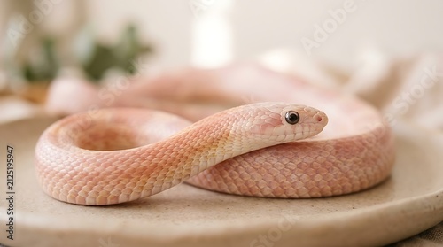 A pink albino corn snake rests coiled on a ceramic plate. Macro shot with copy space, on blurred background suitable for veterinary blogs, educational articles, and wildlife biology presentations.
