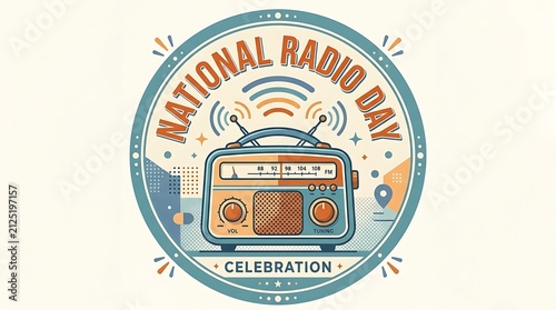Flat vector illustration, basic National Radio Day lettering, and vintage radio with transmission waves