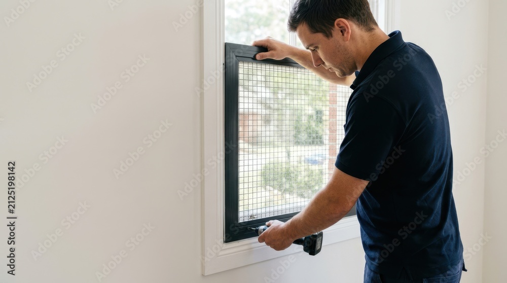 Fototapeta premium Male technician using a power drill to install a security mesh screen on a window. Professional contractor upgrading home safety with metal window guards