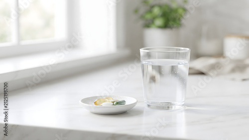 清潔なテーブルの上に置かれた毎日の健康管理のためのサプリメントとお水