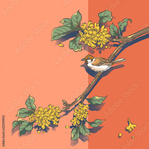 Mid-autumn festival illustration, Osmanthus flower tree and a bird, digital art.