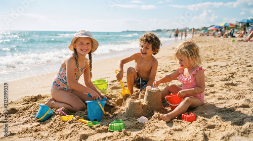 Happy Children Playing with Sand and Toys on the Beach