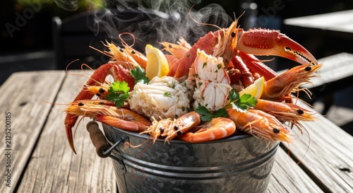 Steaming Bucket of Fresh Seafood Delights with Lemon and Herbs.