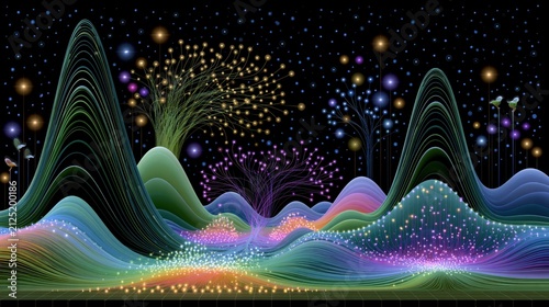 Colorful light patterns create a visual landscape with trees and hills under a starry sky in a computer-generated scene