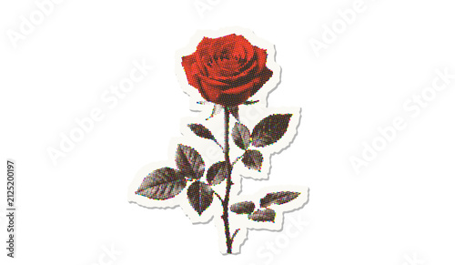 Red rose flower with leaves in halftone dot style