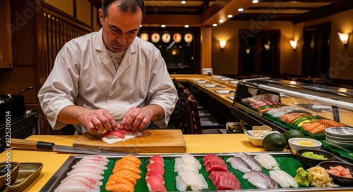 Skilled Sushi Chef Expertly Prepares Fresh Sashimi at a Traditional Japanese Restaurant Counter.
