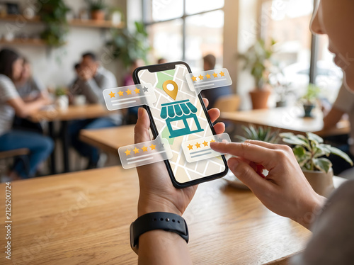 Person using smartphone to search for local shop and reading customer reviews on map application, Customer leaving five star rating and feedback for local business on mobile phone location app.