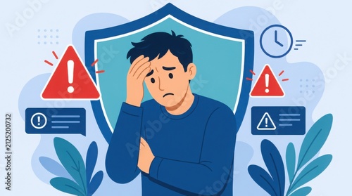 A worried man stands in front of a shield with alert symbols, representing stress, anxiety, and mental health concerns.