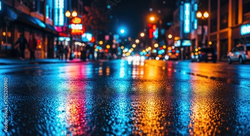 Vibrant City Street at Night Reflecting Neon Lights on Wet Pavement.