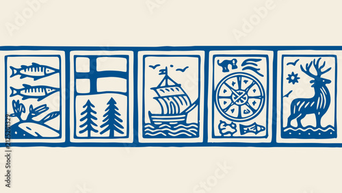 Foto national symbols collection in blue line art fish flag ship deer sun trees wave