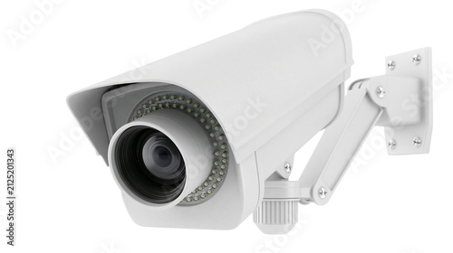 White surveillance camera with adjustable bracket, isolated on transparent background