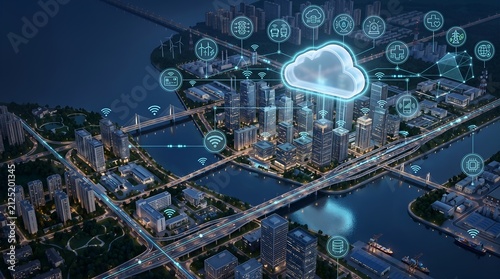 Smart city cloud computing infrastructure with illuminated digital icons representing urban internet of things and connected municipal network.