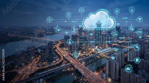 Urban digital transformation concept featuring smart city skyline with glowing cloud upload icon demonstrating municipal data migration.