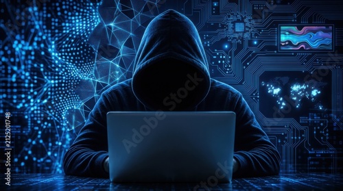 A hooded figure sits at a laptop surrounded by digital codes and futuristic network visuals, symbolizing cybersecurity threats or hacking activities.