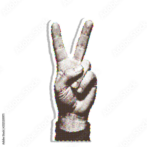 Hand showing peace gesture with two fingers raised in halftone dot sty