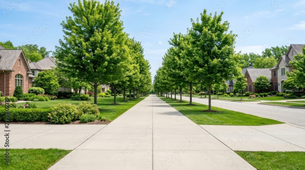 Fototapeta premium A wide, straight residential street stretches into the distance, lined with mature trees and well-maintained houses.