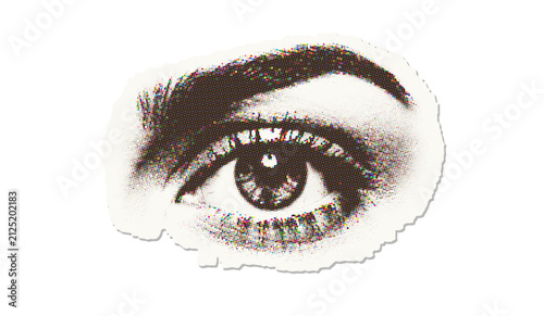 Human eye close-up with eyebrow in halftone dot style
